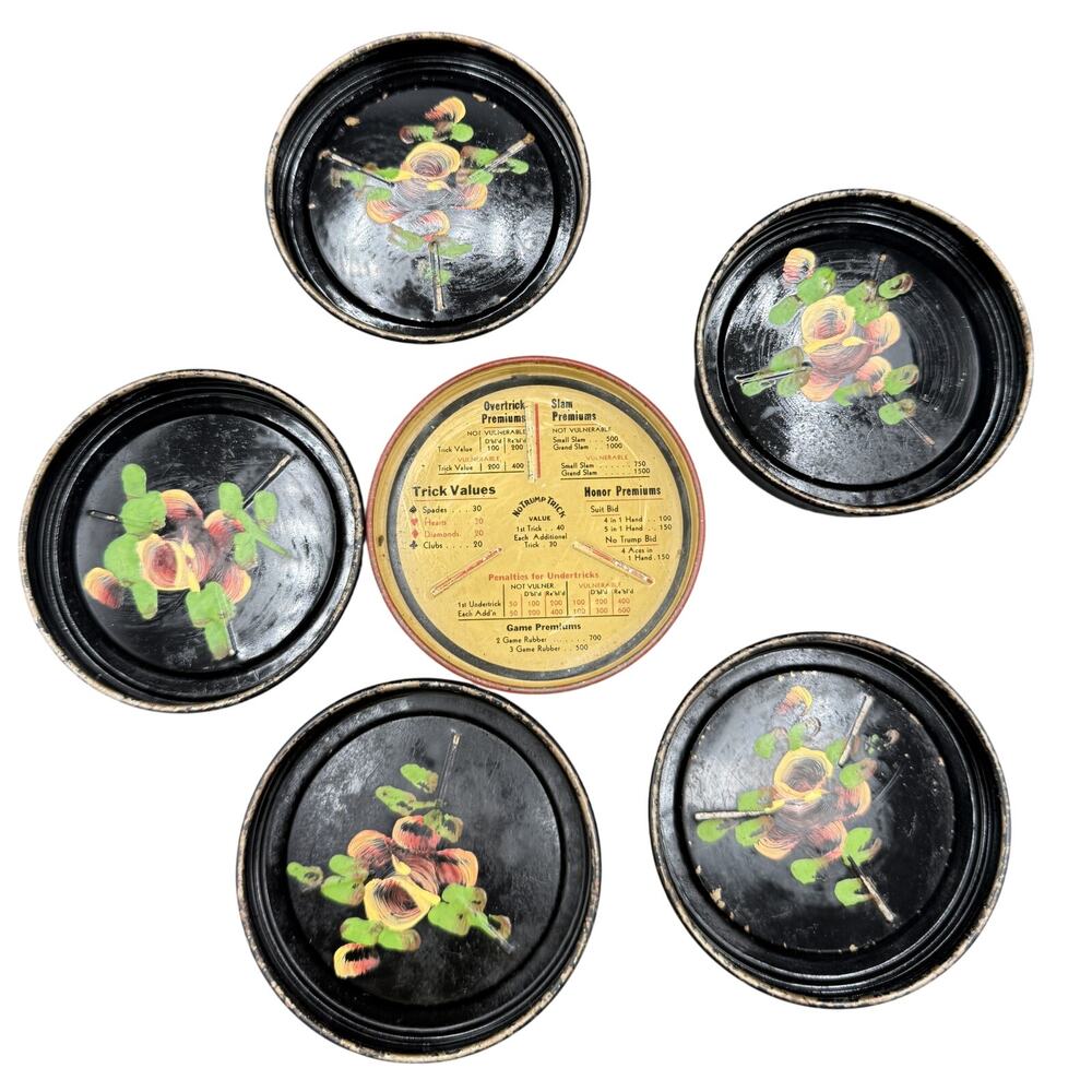 🃏 VTG Hand Painted Floral Coaster Metal Contract Bridge Score Calculator Wheel